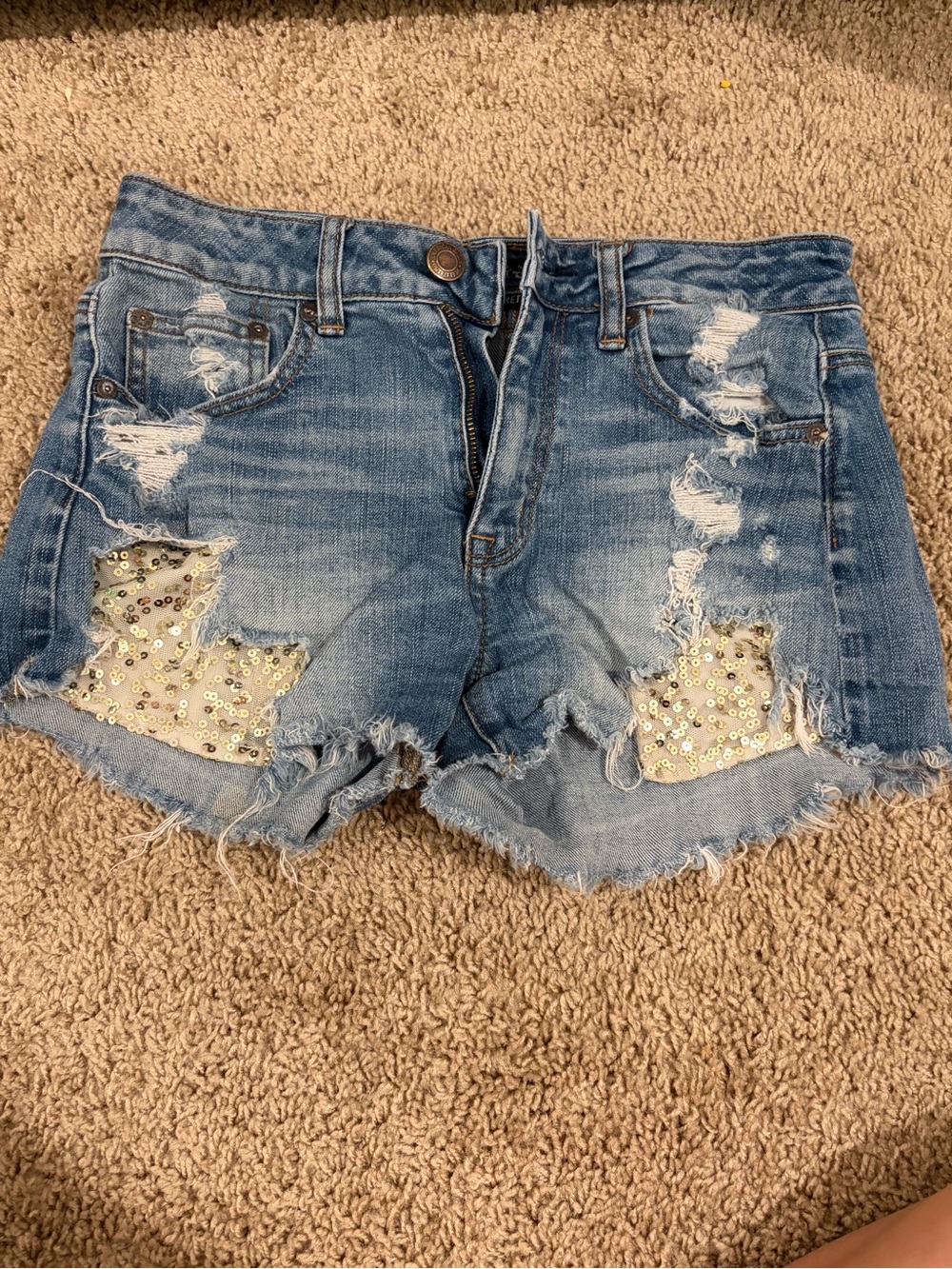 American Eagle Outfitters Light Blue Distressed Sequin Patch Denim‎ Shorts